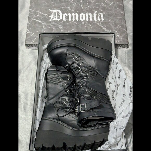Demonia Shaker-70 Black Vegan Leather Mid-Calf Boots 9 - Picture 3 of 16